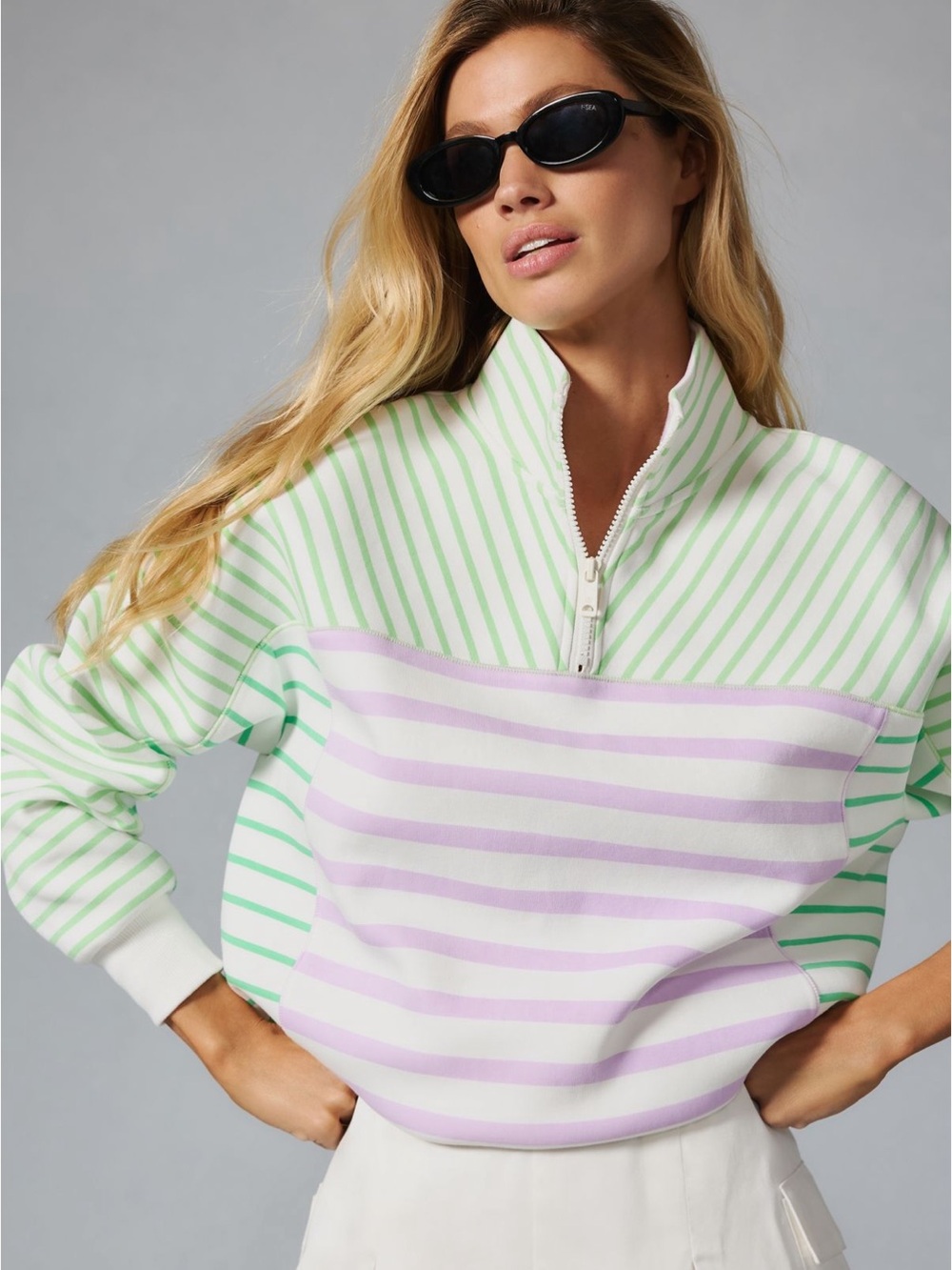 Scotch & Soda Striped Relaxed Half-Zip Pullover in Mint, Lavender & White